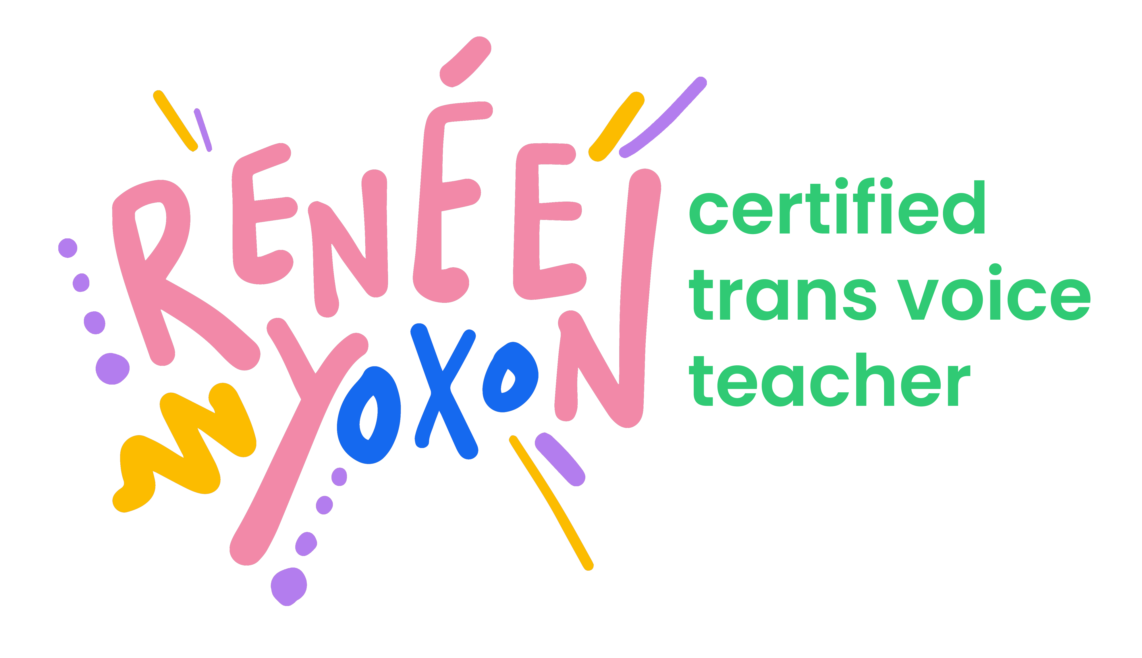Multi coloured graphic that read Renée Yoxon certified trans voice teacher. Renée is written in pink, Yoxon is in pink and the letters OXO are in bright blue. Certified trans voice teacher is in bright green.